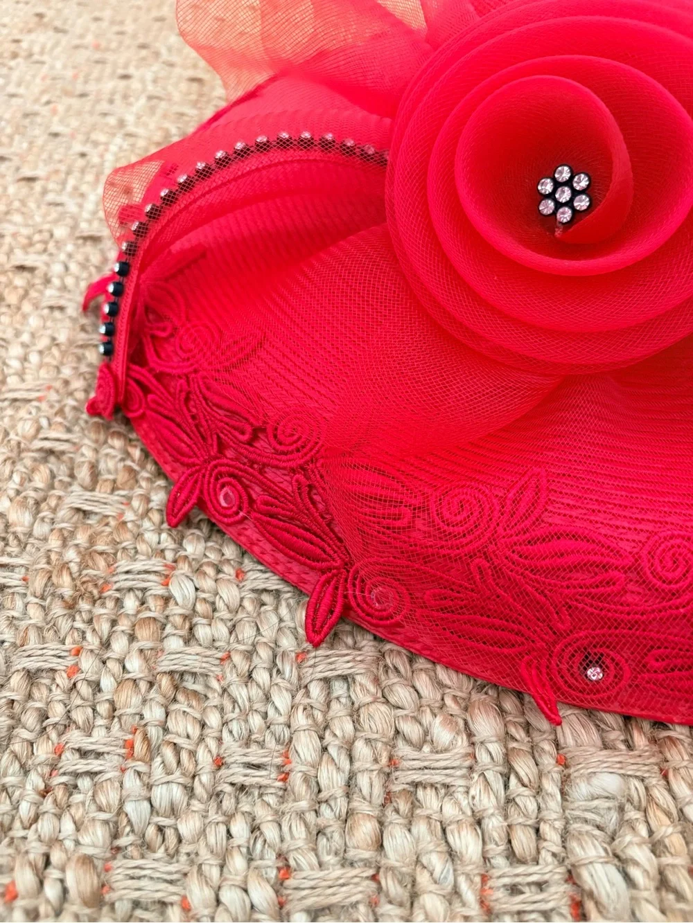 Wide-Brim Decorative Red Women's Hat with Braided Trim & Tulle Flower